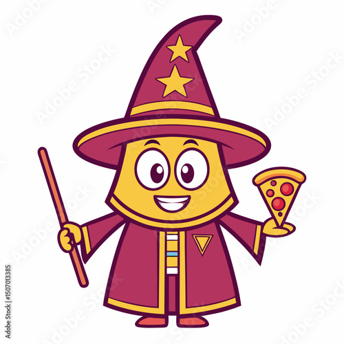 Cartoon Wizard Character Holding a Pizza Slice with Magic Wand Illustration