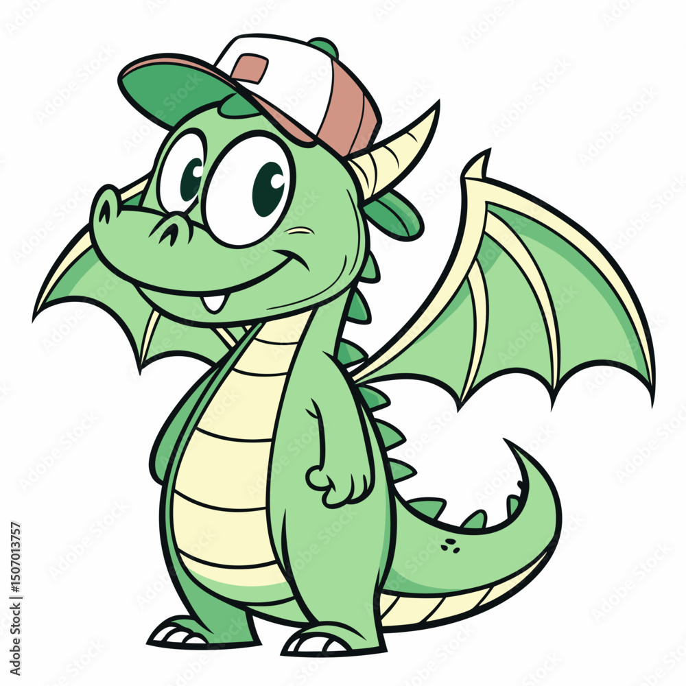 Obraz premium Cartoon Green Dragon Wearing a Baseball Cap Standing and Smiling Lovingly