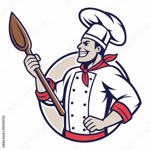 Cartoon Chef Character Holding a Wooden Spoon in a Circular Frame