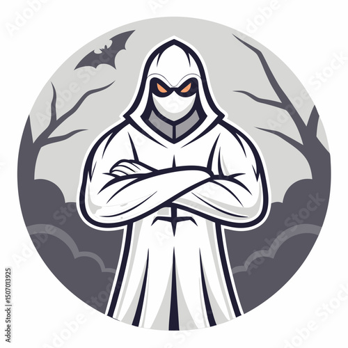 Mysterious hooded figure in a spooky forest with a bat flying above