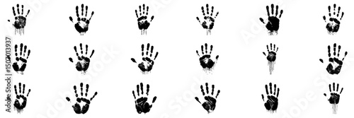 Black Handprint Patterns Set. Artistic Expression And Creativity Collection. Isolated Vector Illustration