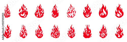 Red Flame Icon Set. Fire Symbol Collection For Design And Branding. Isolated Vector Illustration