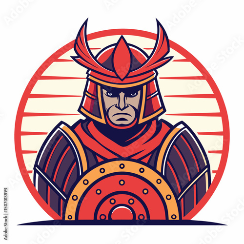 Cartoon Samurai Warrior in Red Armor with a Round Shield