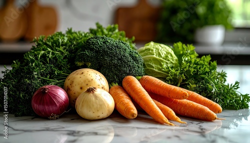 Fresh Organic Vegetables Carrots Broccoli Potatoes and Onions with Parsley