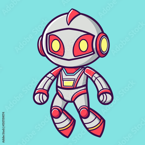 Cute Cartoon Robot Character Floating in Space on a Blue Background