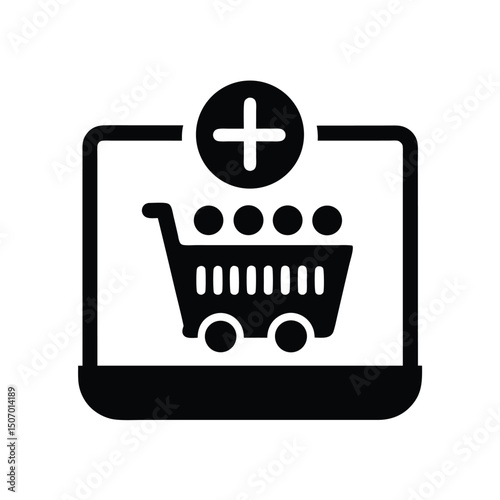 Black Shopping Cart Icon with Plus Symbol Inside a Tablet on a White Background