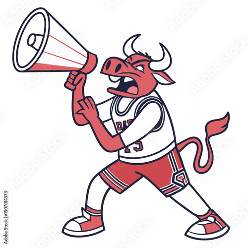 Cartoon Bull Mascot Shouting Through Megaphone While Wearing Basketball Uniform