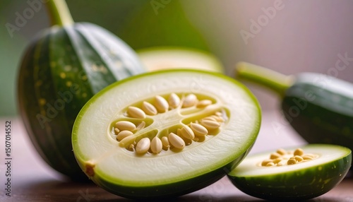 Fresh Green Ash Gourd Slices with Seeds Displayed Close Up Healthy Food Photography