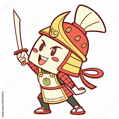Cute Cartoon Tofu Samurai Warrior with Sword Ready for Battle