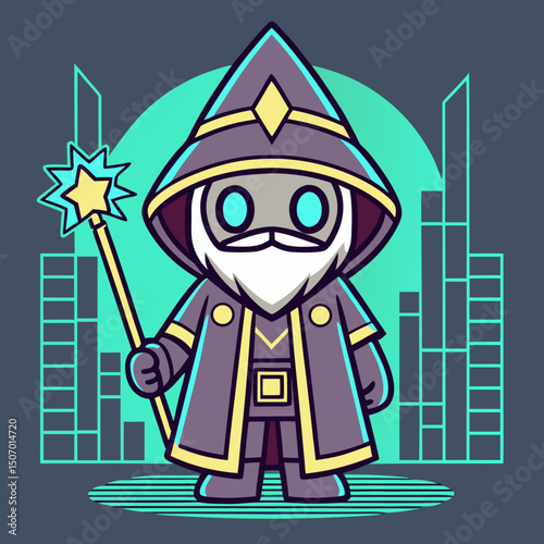 Cute Cartoon Wizard Character with Magic Wand in Cityscape Background