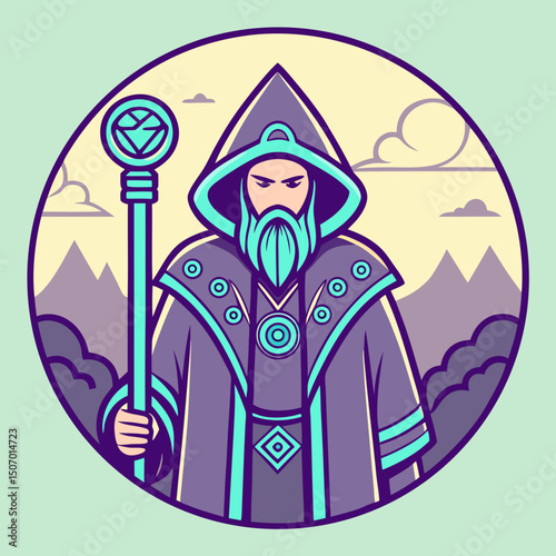 Mystical Wizard Illustration with Staff Hood and Mountain Background in a Circle