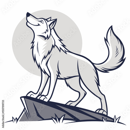 Wolf howling at the moon standing on a rock illustration