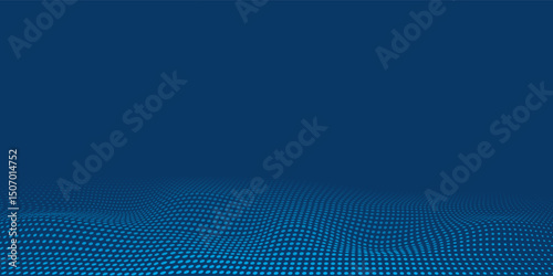 Dark blue halftone dotted abstract background, big data pattern, technology or futuristic visualization, waveform dot texture, music backdrop. ,Beautiful movement with glowing blurred particles.