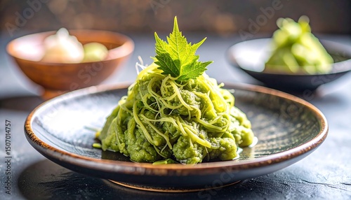 Delicious Green Herb Paste Dish Served on Rustic Plate Close Up