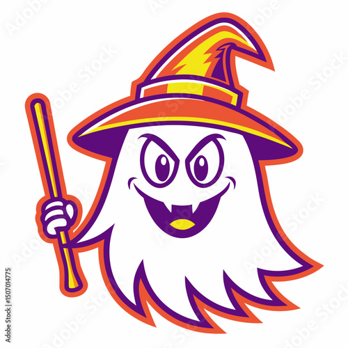 Cartoon Ghost Wizard with Wand and Hat for Halloween Illustration