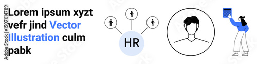 HR icon connecting profiles, a person holding a document, emphasizes teamwork, recruitment, analytics, and organization. Ideal for human resources, hiring, personal branding data structures HR
