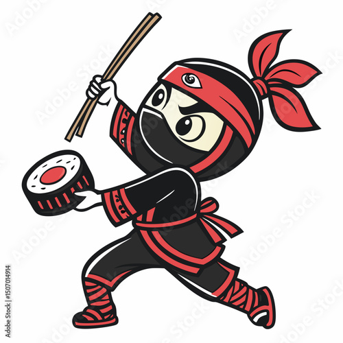 Cartoon Ninja Character Holding Sushi with Chopsticks on White Background