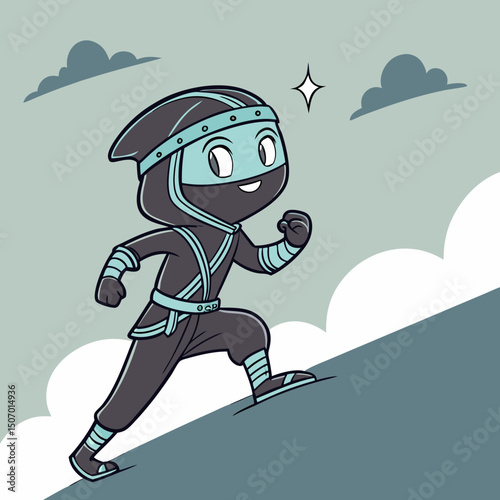 Cartoon Ninja Character Running Up Hill Towards a Shining Star