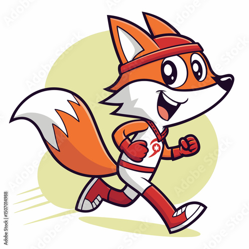Cartoon Fox Mascot Running with Headband and Sports Outfit Illustration