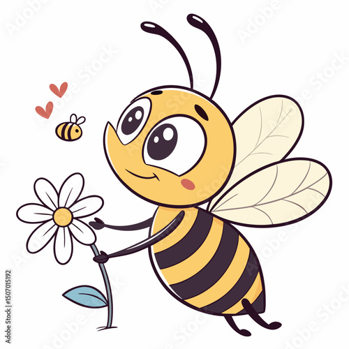 Adorable Cartoon Bee with Flower and Hearts on White Background