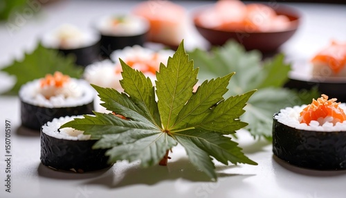Delicious Sushi Rolls with Salmon and Rice Garnish Decorated with a Fresh Green Leaf