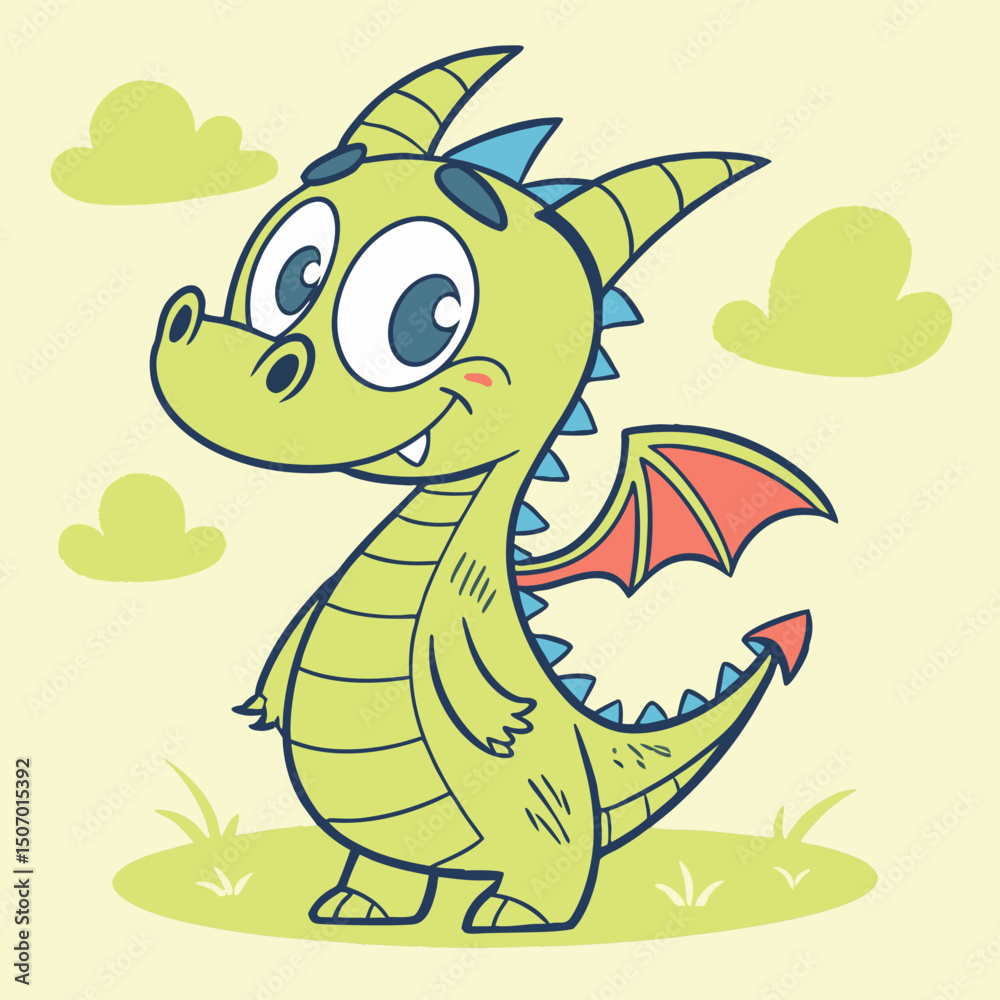 Fototapeta premium Cute Cartoon Dragon Standing in a Grassy Field with Clouds