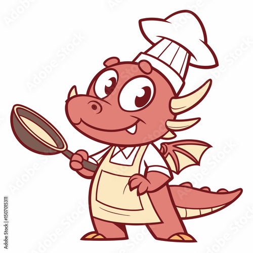 Cute Cartoon Dragon Chef Holding a Frying Pan Ready to Cook