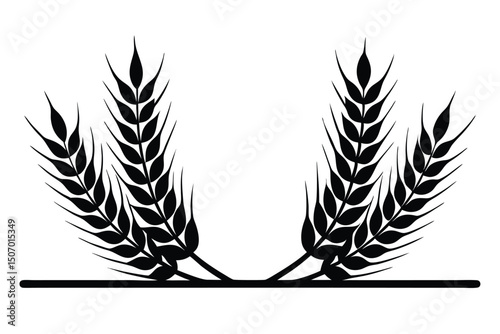 Black Wheat Stalks Illustration, Five Plant Stems with Grain Heads, Flat Base Line