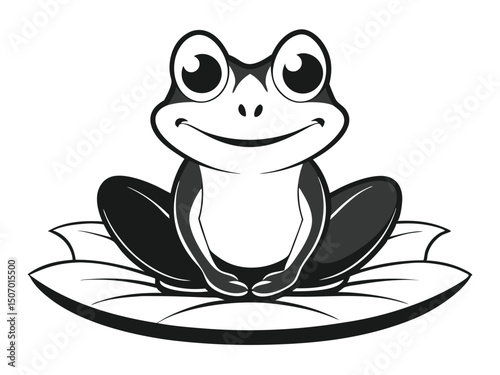 Monochrome cartoon frog sitting on a lily pad with a smile