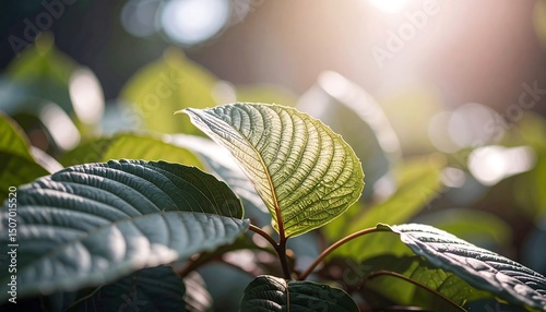 Sunlit Green Leaves of a Tropical Plant Detailed Close Up Shot