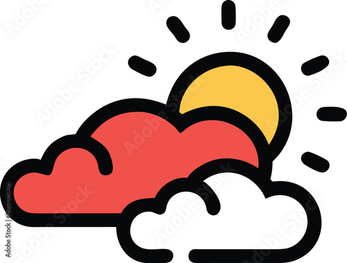 Partly cloudy weather icon with sun shining behind red and white clouds