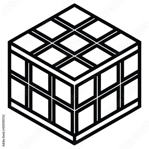 Isometric Cube Outline with Grid Pattern in Black and White