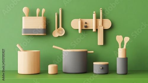 Minimalist wooden kitchen accessories in ash gray, set against a vibrant green background