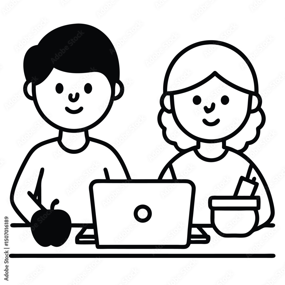Two Cartoon Students Learning Online with a Laptop and Apple Two Cartoon Students Learning Online with a Laptop and Apple