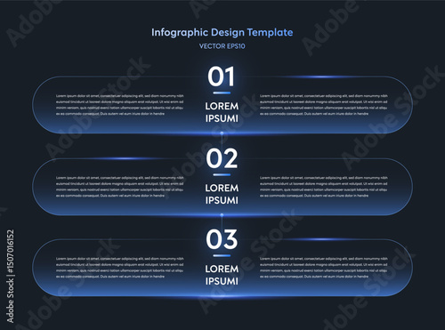 Vertical Linear Timeline Infographic Tech Template with Neon Gradient Style. UI Interface Layout 3 Step Process Connecting with Line Node for Presentation Slide