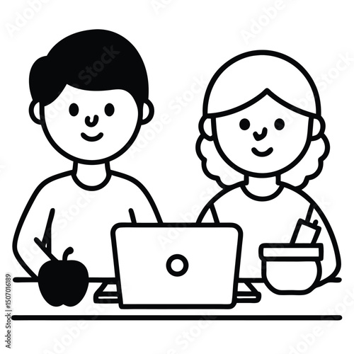 Two Cartoon Students Learning Online with a Laptop and Apple