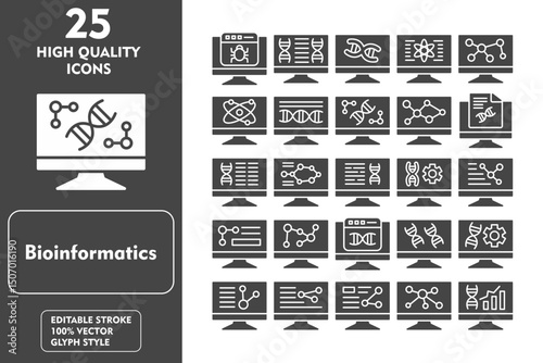 Bioinformatics Glyph Icon Set. Incleded Icons Virus, Bioinformatics, DNA, Technology, Chemistry, Pc, Monitor, Networking, Analysis, Genetic. Vector Icons Collection