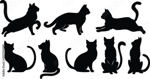 Vector set of Ten Stylized Black Cat Silhouettes in Various Poses on White Background