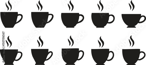 Vector Repeating Pattern of Black Coffee and Tea Cups with Steam on White Background in Minimalist Style