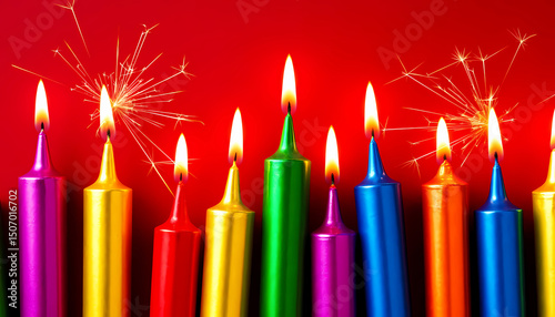 A bright and festive image of colorful candles burning brightly, accompanied by sparkling fireworks.