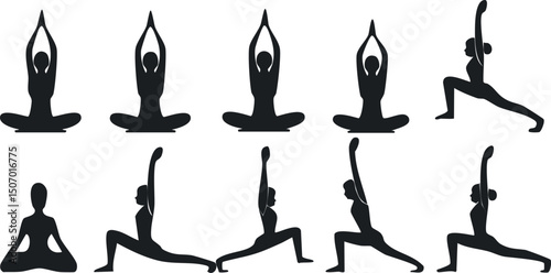 Vector set of Silhouetted Yoga Figures in Meditation and Lunge Poses on White Background

