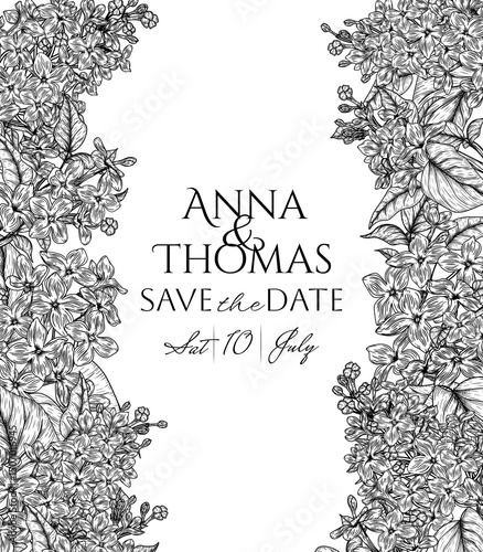 Vector frame with inflorescences of blooming lilac. Wedding invitation template with spring flowers. Delicate decoration of flowering branches in engraving style. For cards, banners, packaging