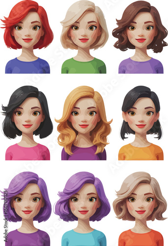 Diverse hairstyles and colorful fashion portraits of beautiful women in various styles