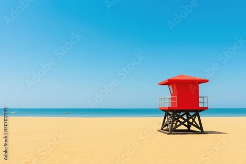 A small red lifeguard tower standing on a sandy beach with the ocean and clear blue sky in the background