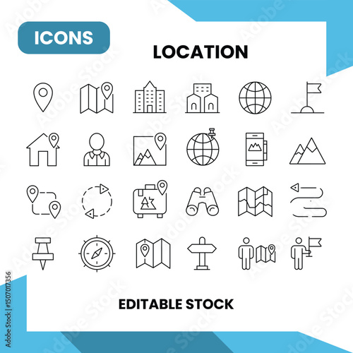 Line Style Location Web Icons - Set of Linear Map Pin Symbols Featuring Address, Place, GPS, Navigation, Directions, Map, Distance, Marker, and More with Editable Stroke