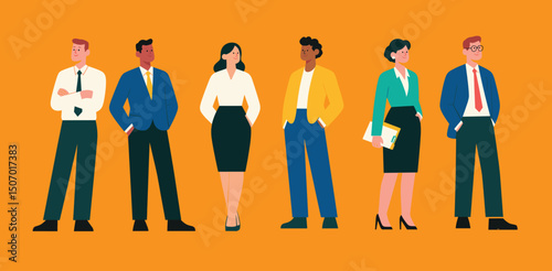 Diverse professional business team standing confidently in modern office attire, corporate teamwork concept, flat design illustration on orange background