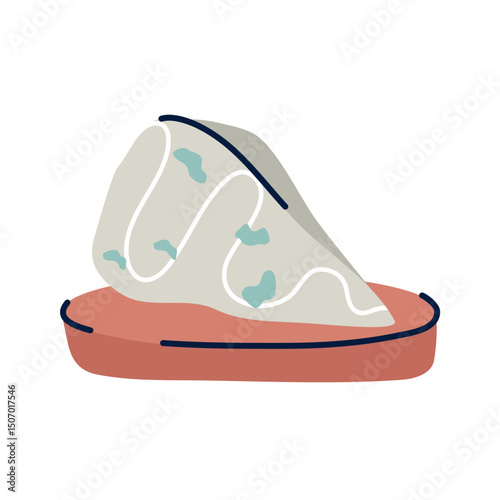 Vector illustration of a hand-drawn wedge of blue cheese on a red base with abstract decorative lines