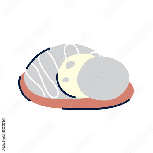 Vector illustration of a hand-drawn mochi dessert with soft pastel colors and minimalist decorative lines