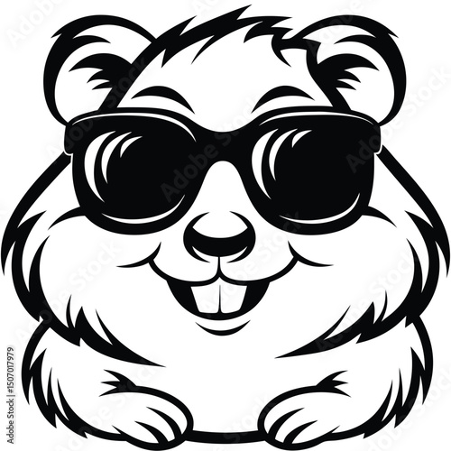 Black and white of cartoon groundhog wearing sunglasses and smiling