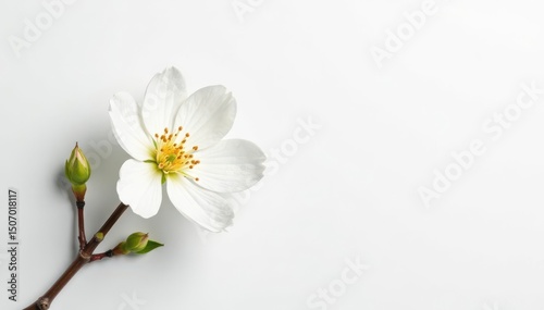 Delicate white blossom against pure white backdrop, white background, fragile, floral